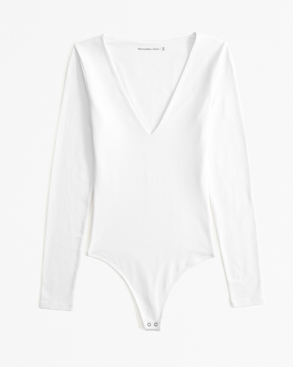 Long-Sleeve Cotton-Blend Seamless Fabric V-Neck Bodysuit, White