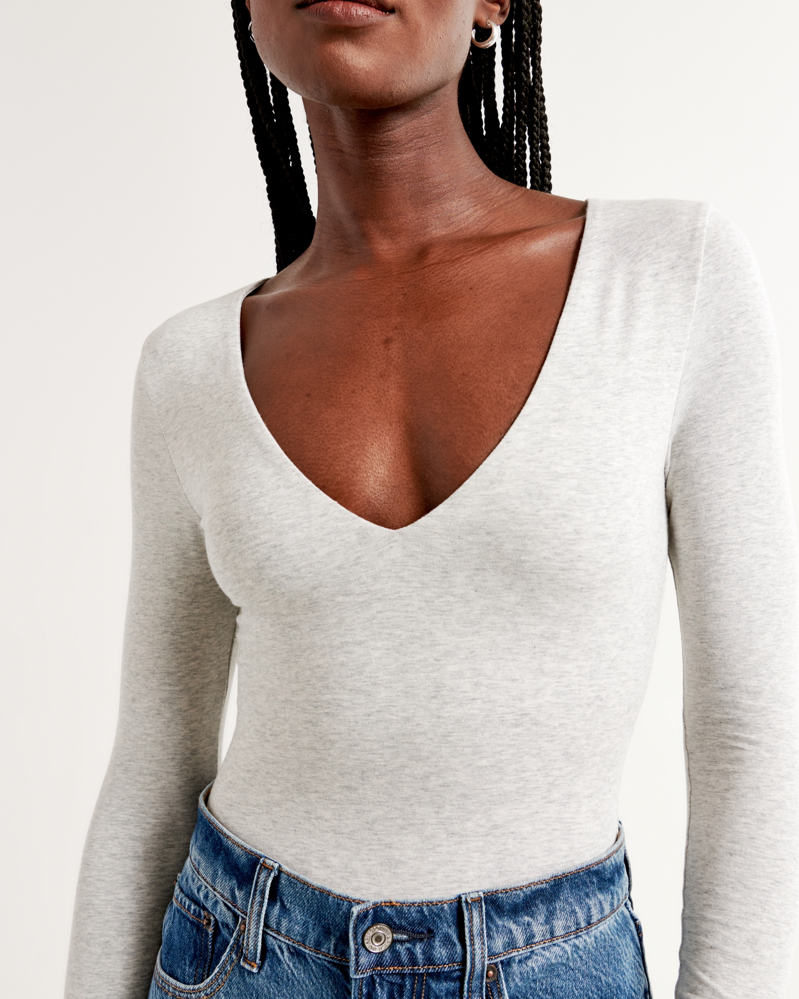 Wholesale Women's Deep V Neck Long Sleeve Cotton Spandex Bodysuits