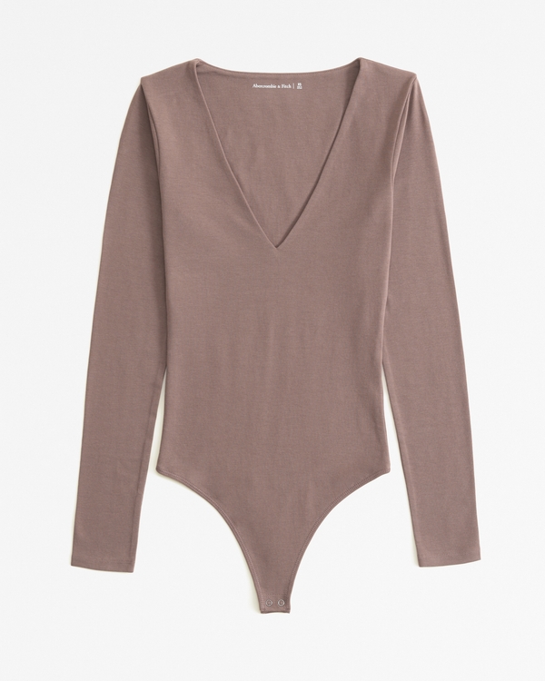Long-Sleeve Cotton-Blend Seamless Fabric V-Neck Bodysuit, Brown