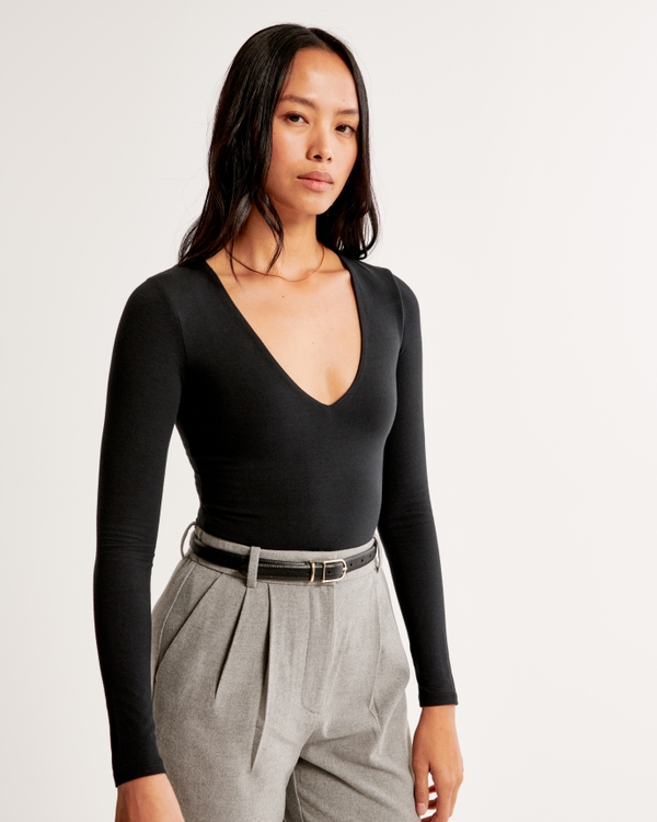 Long-Sleeve Cotton-Blend Seamless Fabric V-Neck Bodysuit, Black