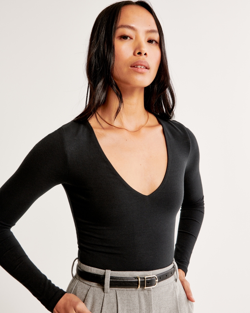 Women's Long-Sleeve Cotton-Blend Seamless Fabric V-Neck Bodysuit, Women's