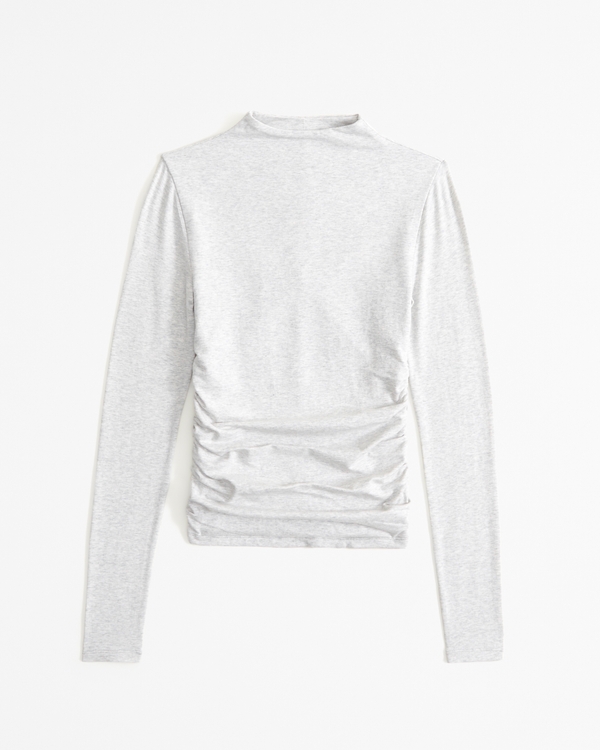 Long-Sleeve Cotton-Blend Seamless Fabric Mockneck Top, Light Grey