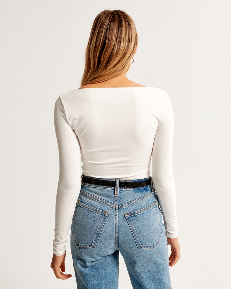 Women's Short-Sleeve Cotton-Blend Seamless Fabric Squareneck Bodysuit, Women's Tops