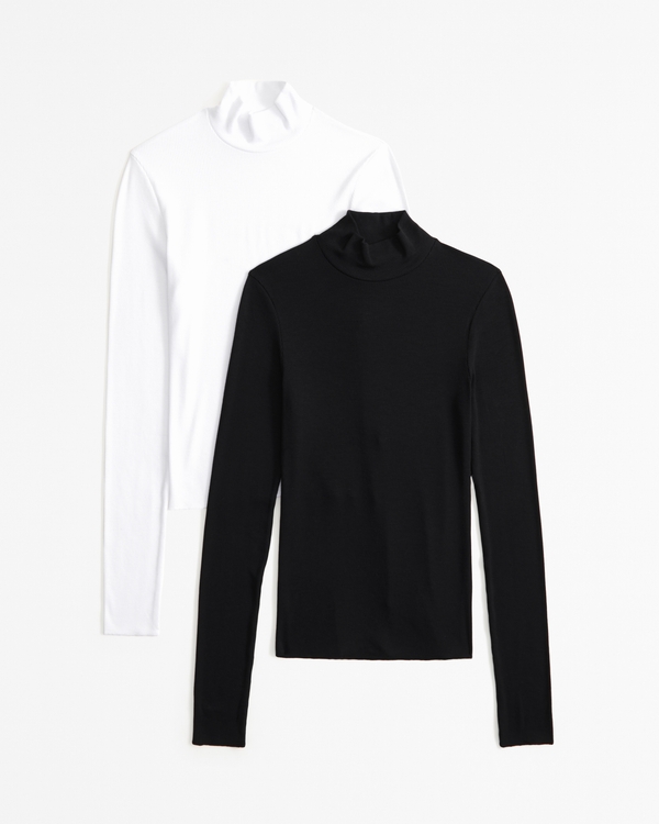 2-Pack Long-Sleeve Featherweight Rib Mockneck Tops, Black And White view 1