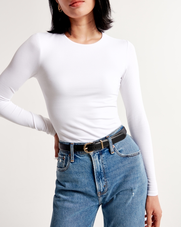 Long-Sleeve Cotton-Blend Seamless Fabric Cropped Tee, White