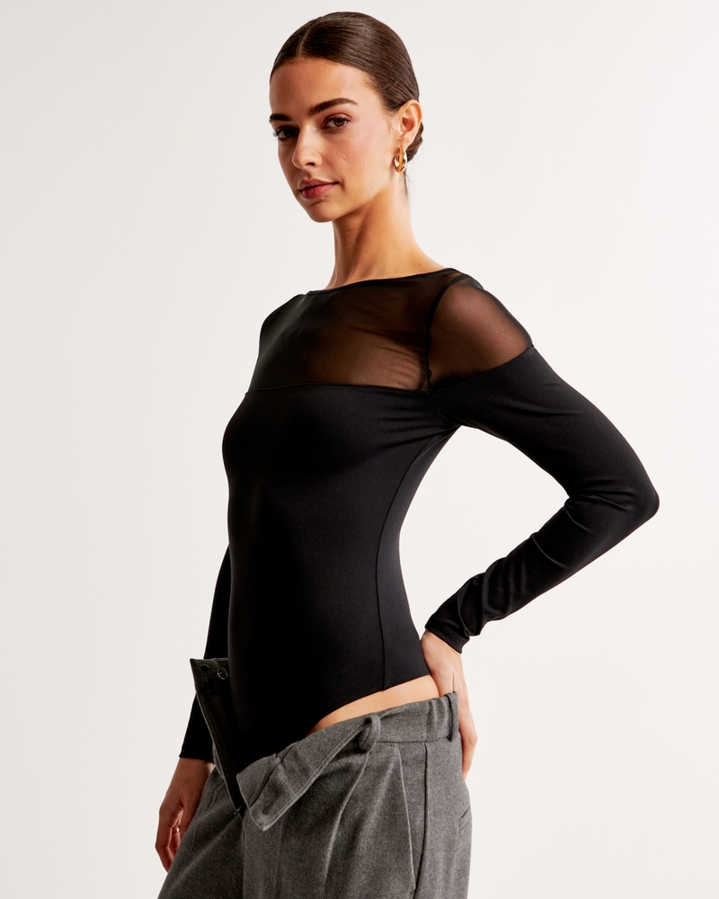 Luxe Mesh Long Sleeve Bodysuit - Black