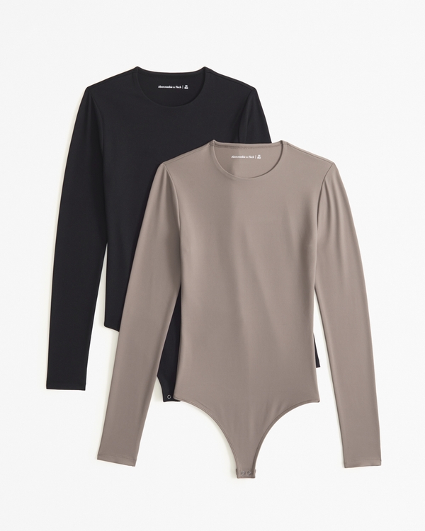 2-Pack Long-Sleeve Seamless Jersey Crew Bodysuits, Black And Taupe