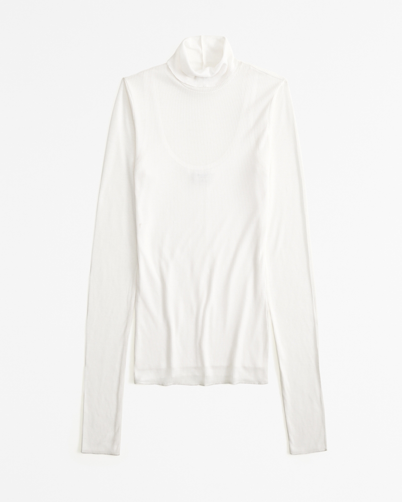 Long-Sleeve Sheer Rib Turtleneck Top