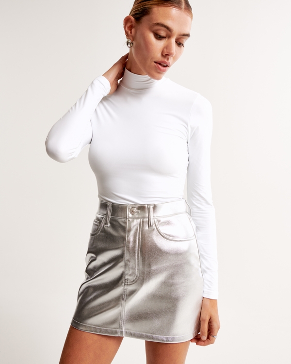 Soft Matte Seamless Long-Sleeve Cropped Mockneck Top, White view 1