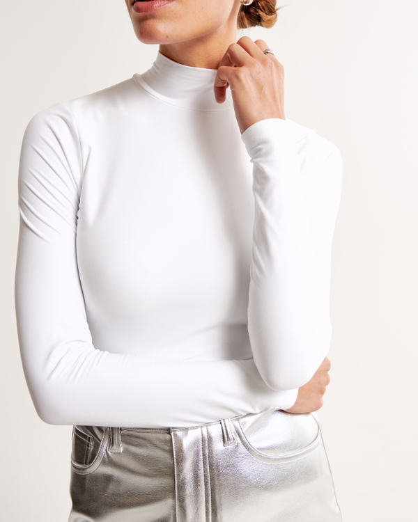 Soft Matte Seamless Long-Sleeve Cropped Mockneck Top, White view 2