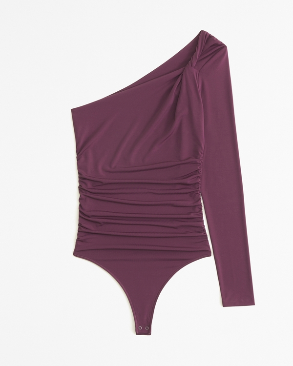 Long-Sleeve One-Shoulder Twist Ruched Bodysuit, Burgundy view 1