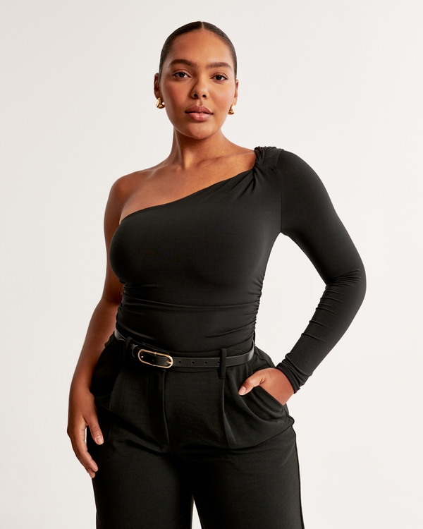 Long-Sleeve One-Shoulder Twist Ruched Bodysuit, Black