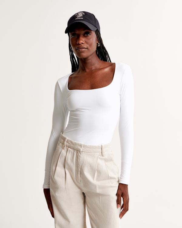 Soft Matte Seamless Long-Sleeve Tuckable Squareneck Top, White view 1