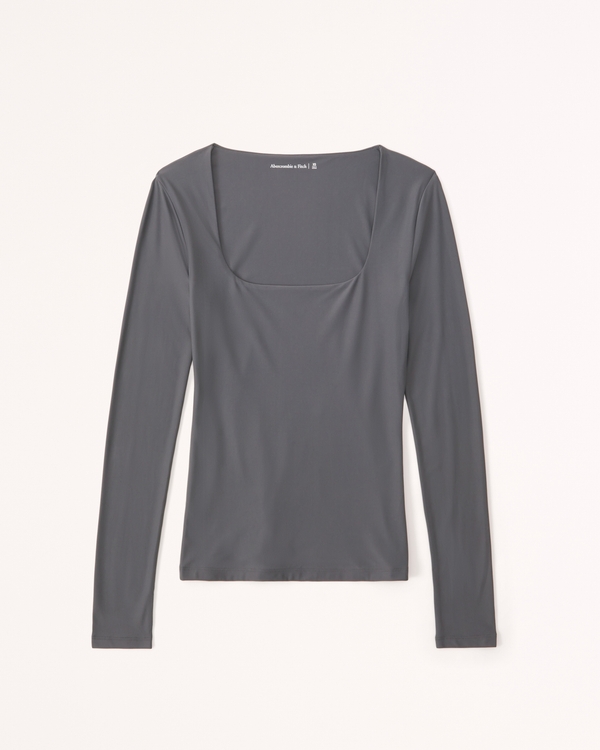 Soft Matte Seamless Long-Sleeve Squareneck Top, Grey view 1