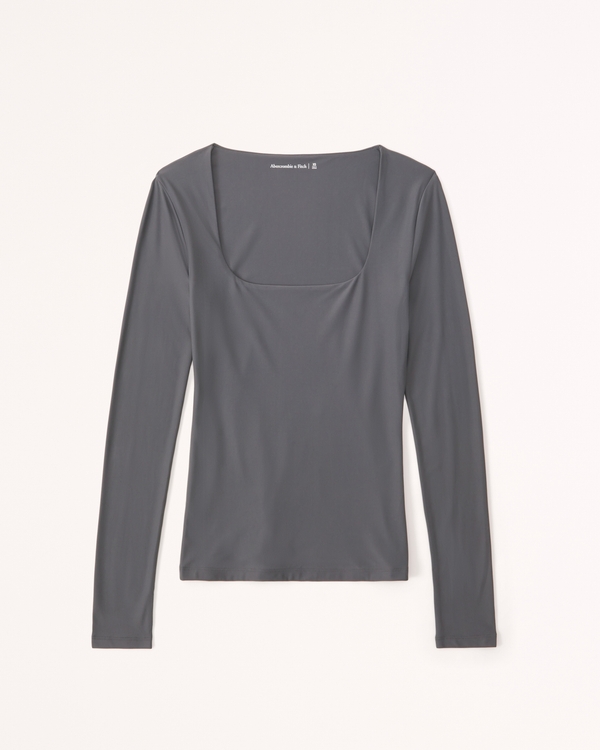 Soft Matte Seamless Long-Sleeve Squareneck Top, Grey