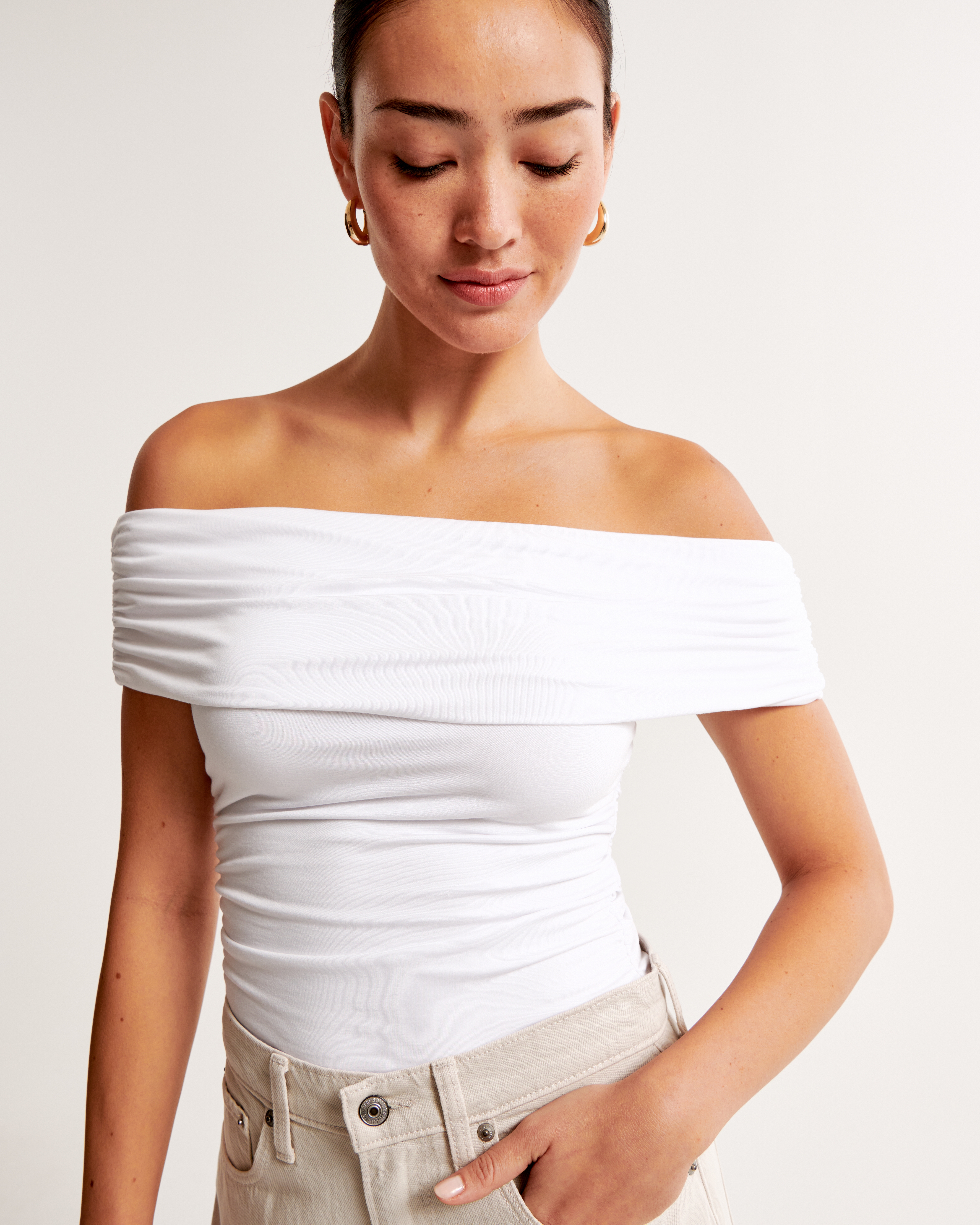 Cotton-Modal Ruched Off-The-Shoulder Top