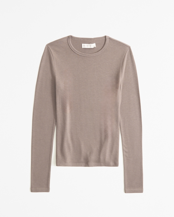 Long-Sleeve Cozy Cloud Knit Tuckable Crew Top, Taupe