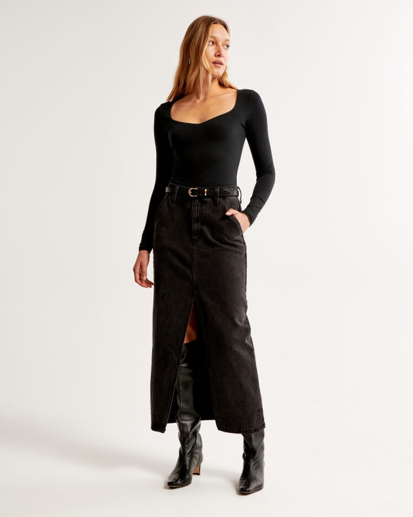 Long-Sleeve Cotton-Blend Seamless Fabric Sweetheart Bodysuit, Black