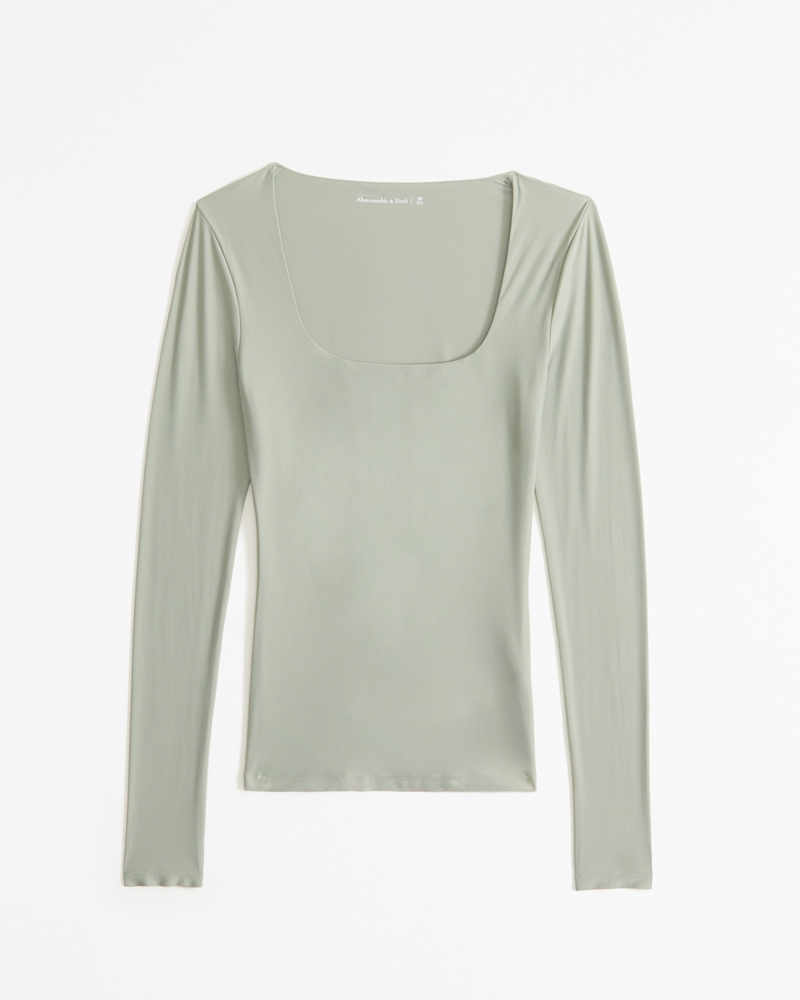Seamless Fabric Long-Sleeve Square-Neck T-Shirt