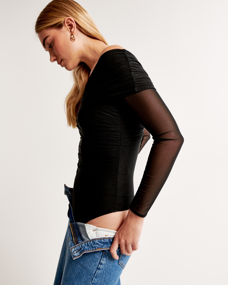 Women's Long-Sleeve Off-The-Shoulder Wrap Mesh Bodysuit