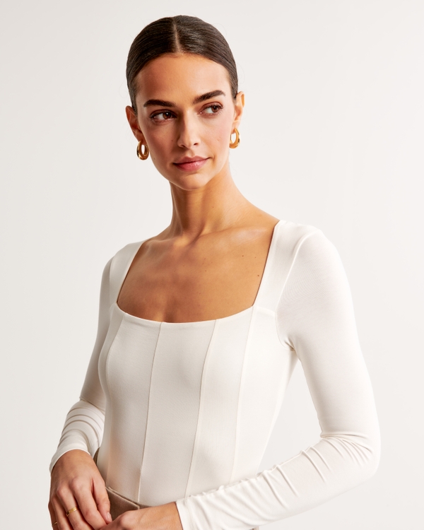 Long-Sleeve Cotton-Modal Squareneck Corset Bodysuit, Cream