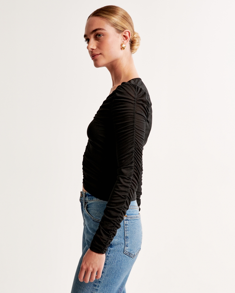 Black Mesh Ruched Long Sleeve Top, Tops