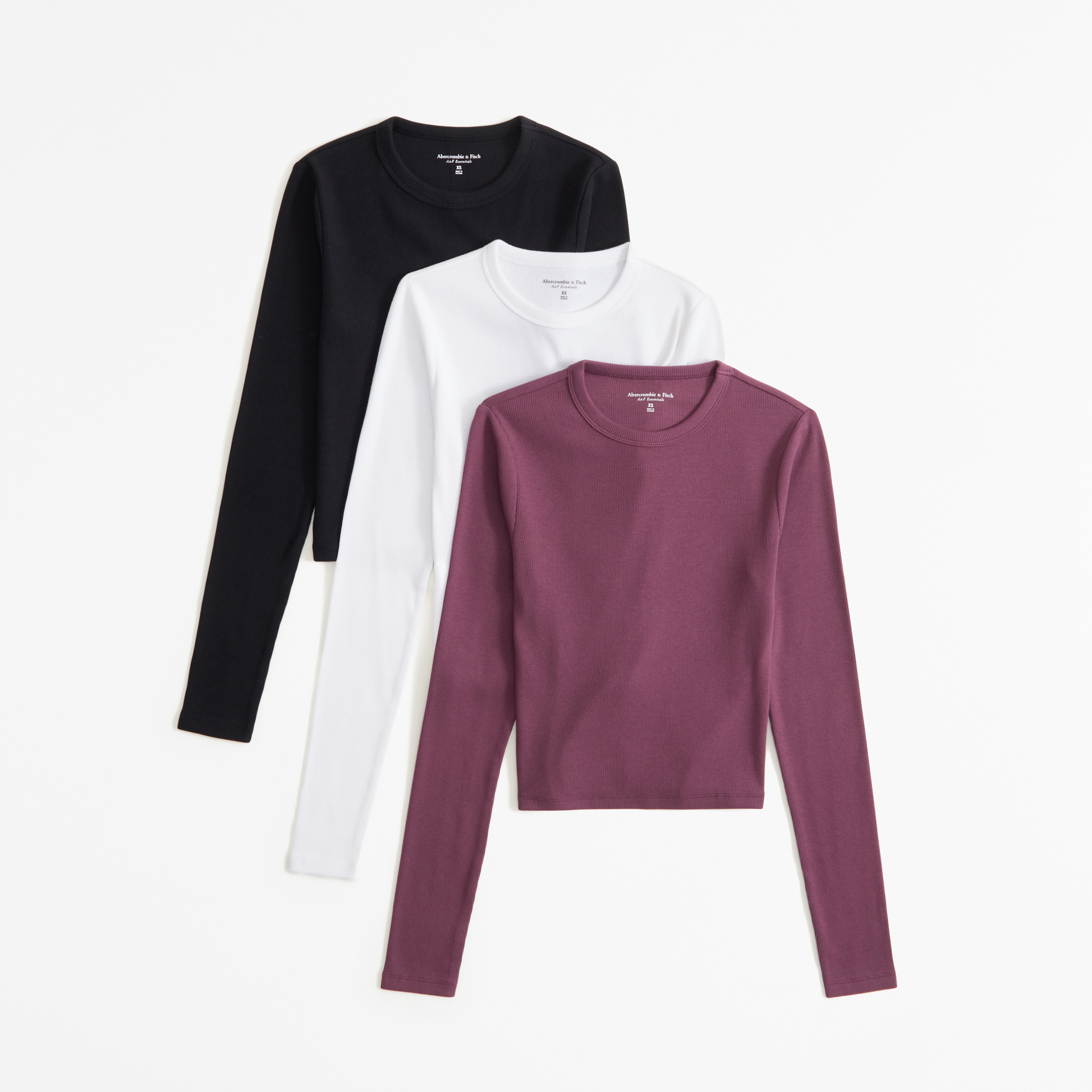 Abercrombie & Fitch 3-pack Long-sleeve Cropped Rib Crew Tops In Black