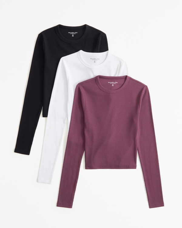 3-Pack Long-Sleeve Cropped Rib Crew Tops, Black, White, Burgundy view 1