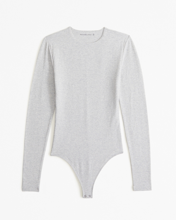 Long-Sleeve Cotton-Blend Seamless Fabric Crew Bodysuit, Light Grey