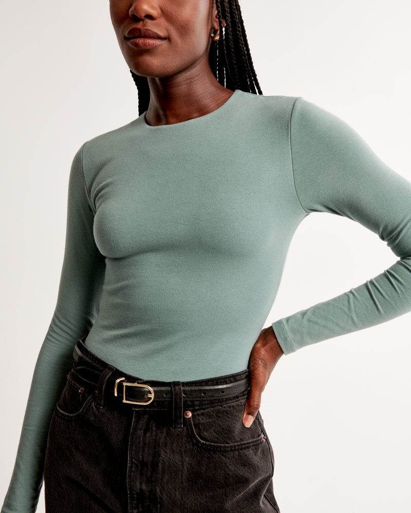Women's Long-Sleeve Cotton-Blend Seamless Fabric Crew Bodysuit