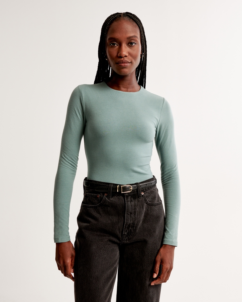 Women's Long-Sleeve Cotton-Blend Seamless Fabric Crew Bodysuit, Women's  Tops