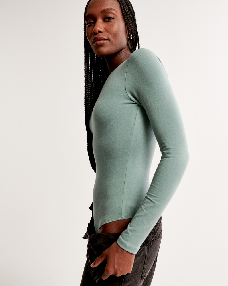Women's Long-Sleeve Cotton-Blend Seamless Fabric Crew Bodysuit