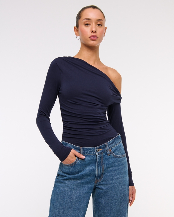 Long-Sleeve Off-The-Shoulder Draped Top, Navy Purple