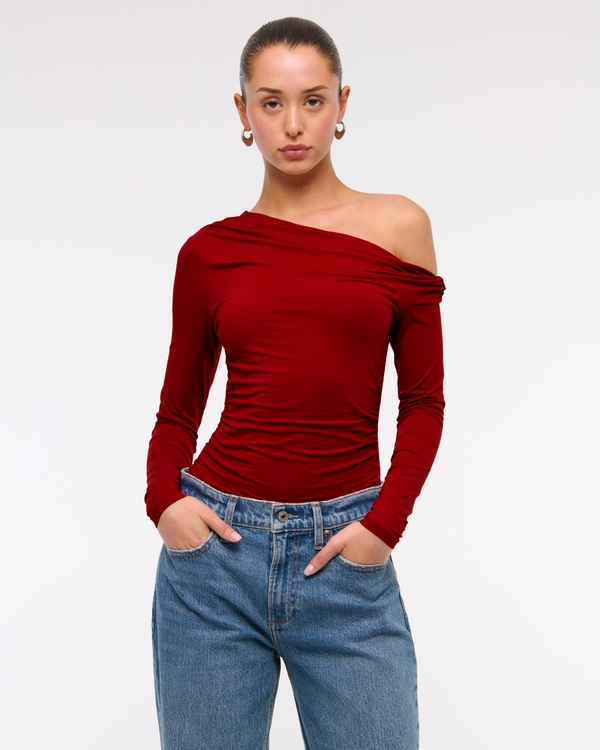 Long-Sleeve Off-The-Shoulder Draped Top, Rich Ruby