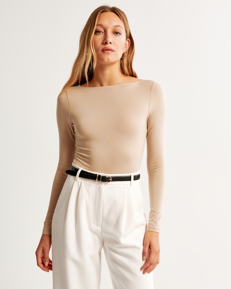 Women's Long-Sleeve Cotton-Modal Slash Bodysuit, Women's Clearance