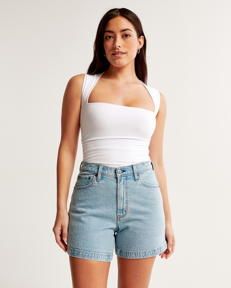 Side Ruched Ribbed Bodysuit Top Sky Blue –