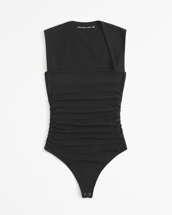 The A&F Ava Cotton-Blend Seamless Fabric Ruched Portrait Bodysuit, Black