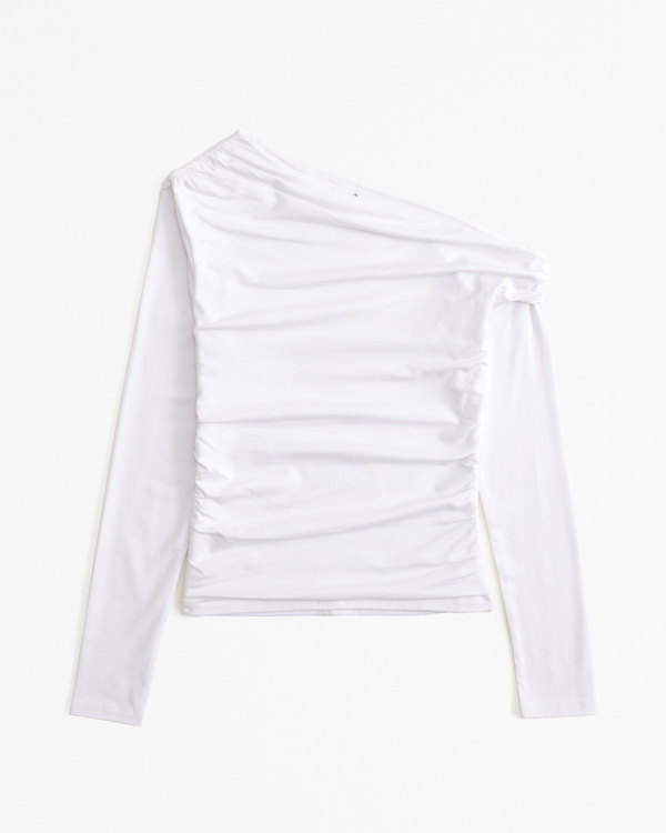 Long-Sleeve Asymmetrical Off-The-Shoulder Draped Top, White