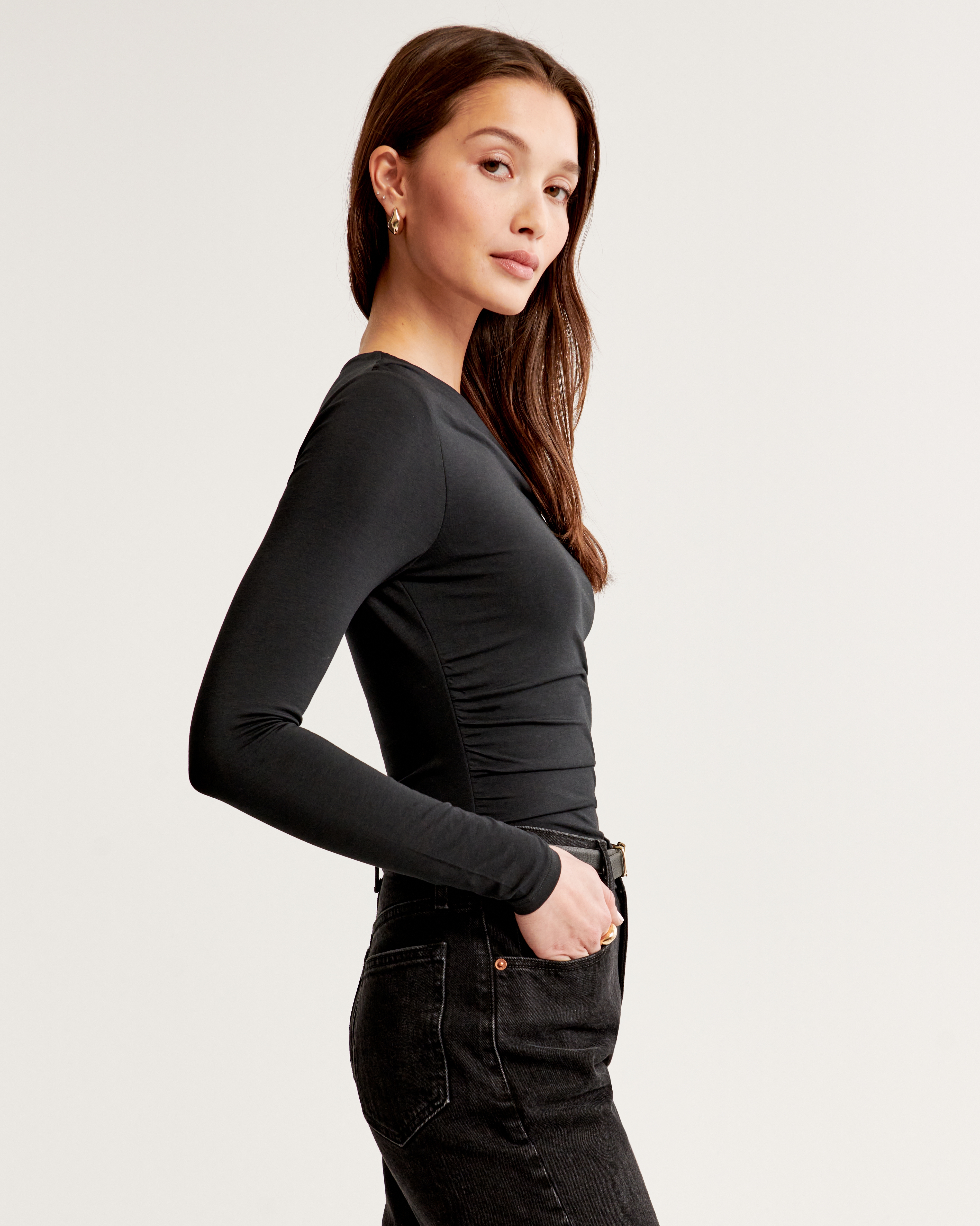 Women's Long-Sleeve Asymmetrical Off-The-Shoulder Draped Top