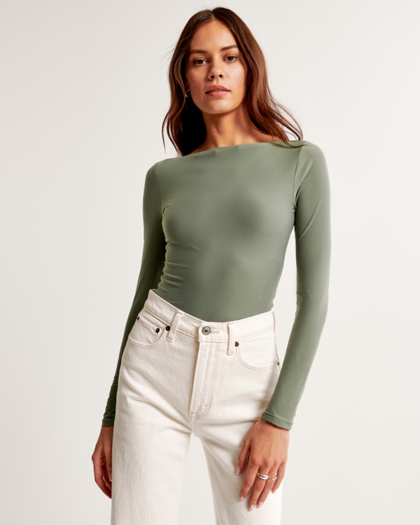 Soft Matte Seamless Long-Sleeve Open-Back Bodysuit, Olive view 1