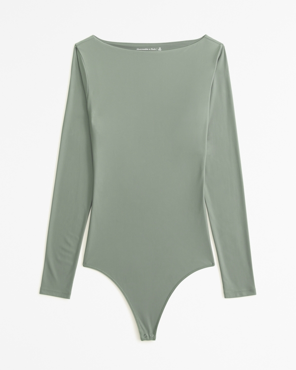 Soft Matte Seamless Long-Sleeve Open-Back Bodysuit, Olive view 1