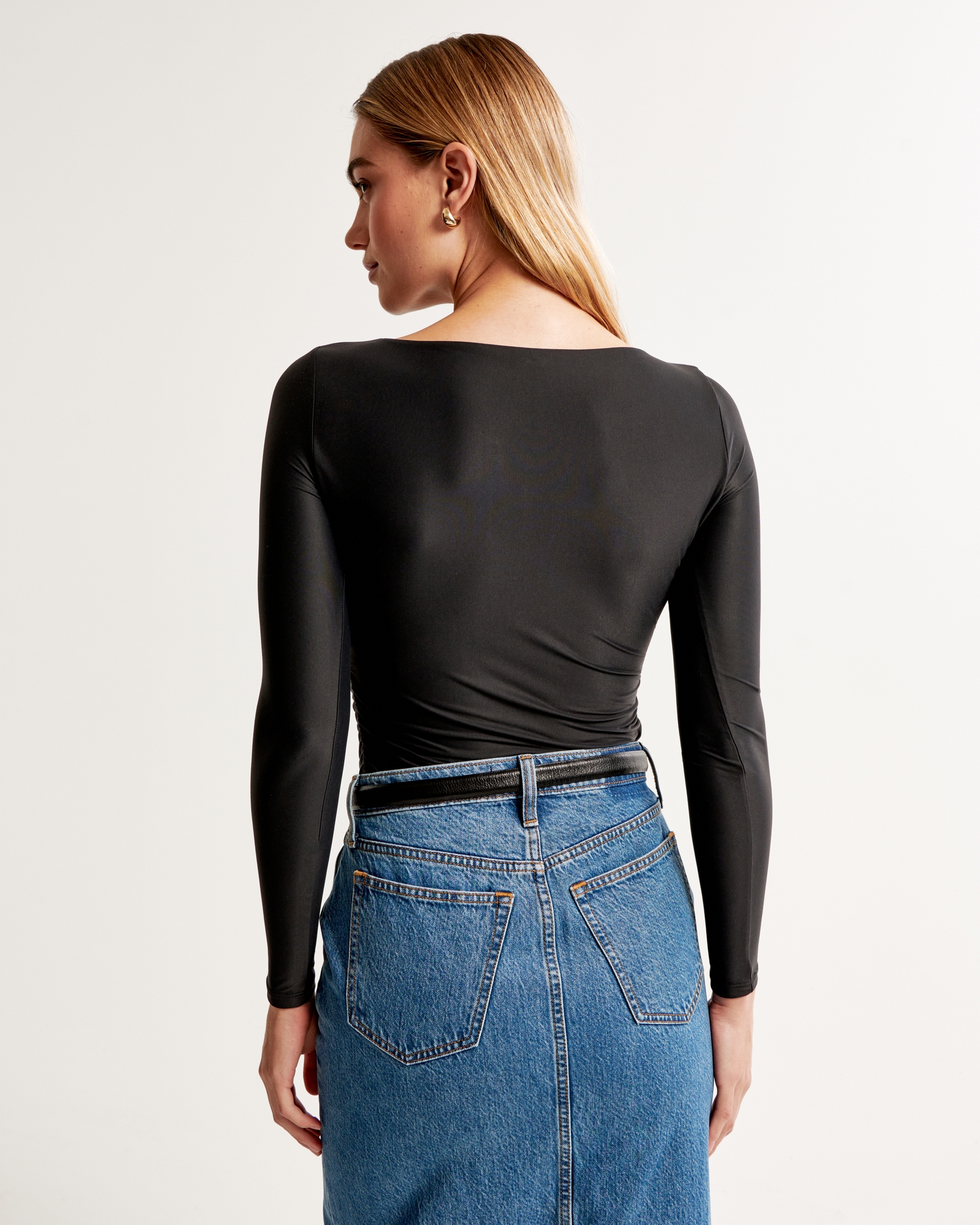 Soft Matte Long-Sleeve Ruched Slash Top