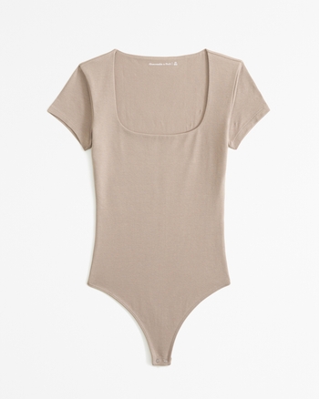 Women's Short-Sleeve Cotton-Blend Seamless Fabric Squareneck Bodysuit ...
