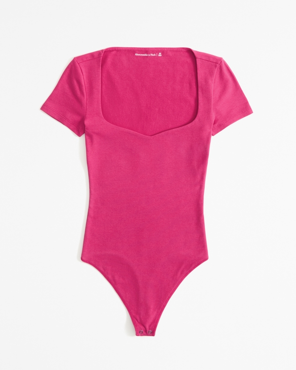 Short-Sleeve Cotton-Blend Seamless Fabric Sweetheart Bodysuit, Pink