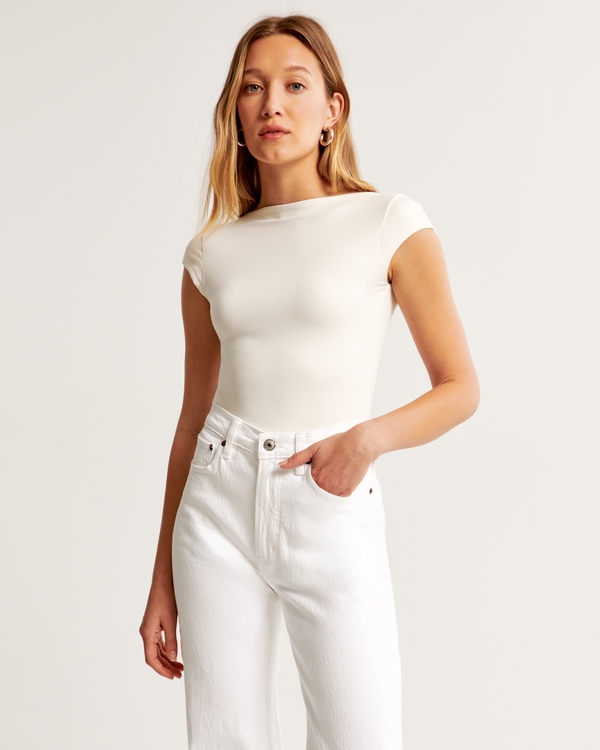 Short-Sleeve Cotton-Modal Open-Back Bodysuit, White