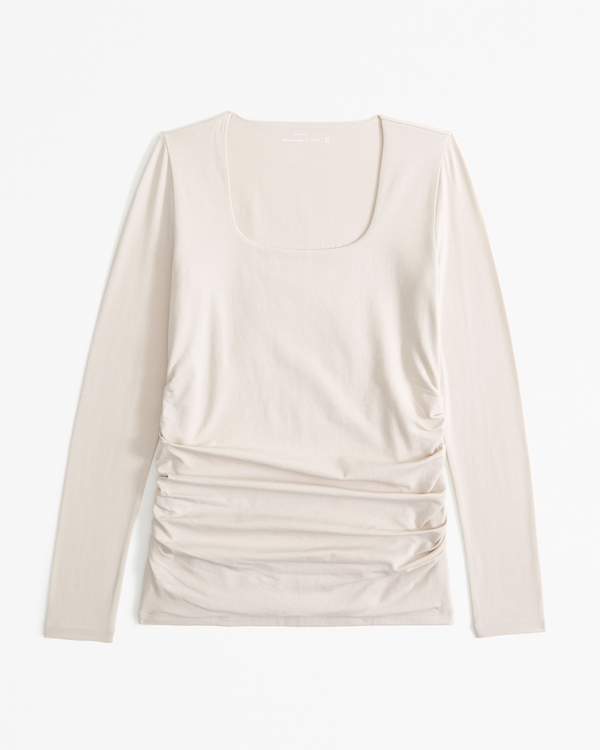 Maternity Long-Sleeve Cotton-Blend Seamless Fabric Top, Beige view 1