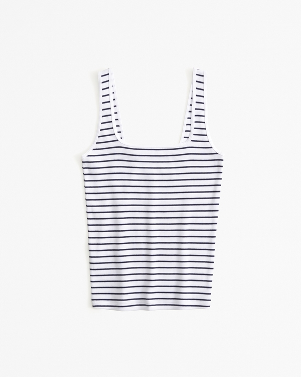 Essential Tuckable Squareneck Rib Tank, Navy Stripe view 1