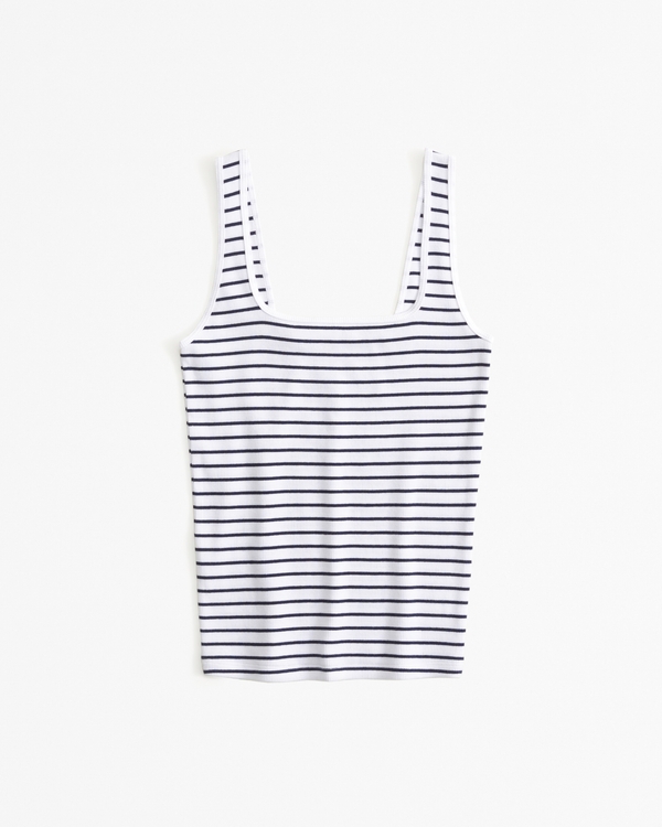 Essential Tuckable Squareneck Rib Tank, Navy Stripe