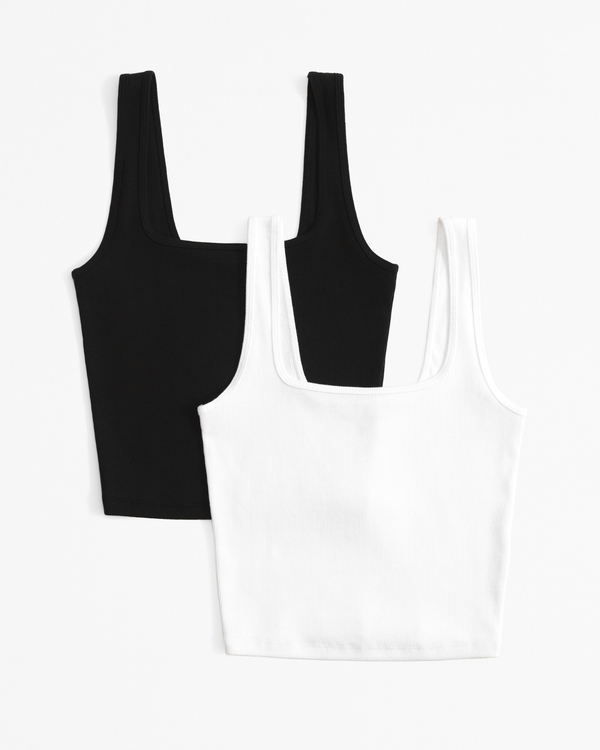2-Pack Essential Cropped Squareneck Rib Tank, Black And White