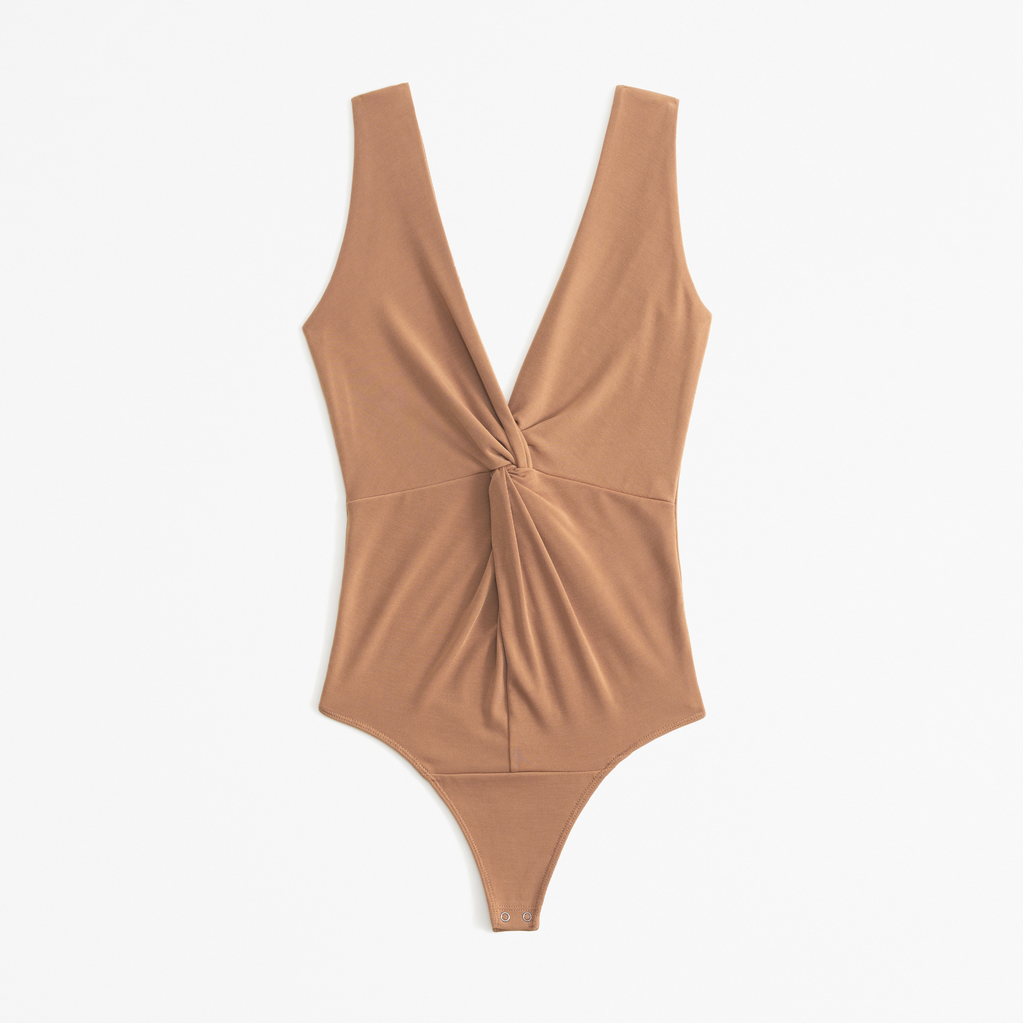 Abercrombie & Fitch Glossy Rib Plunge Twist Bodysuit In Brown